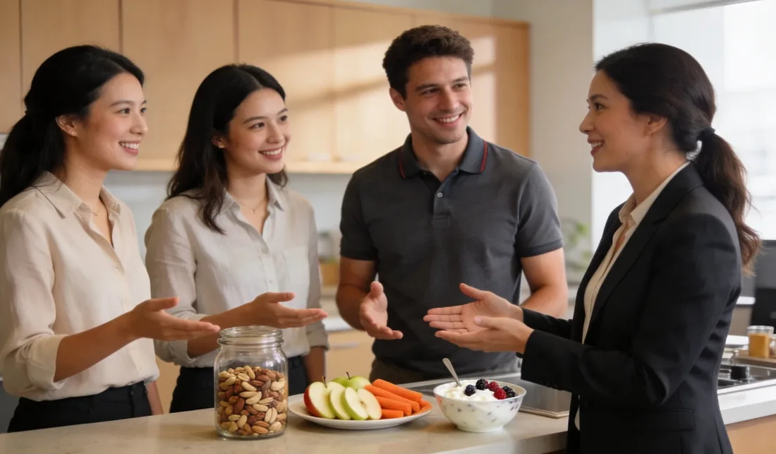 Quatre personnes discutent autour d'un plan de travail de cuisine avec des fruits, des légumes et un bocal de noix