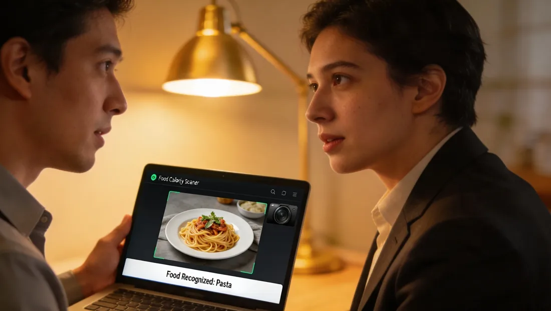 Deux personnes regardent un ordinateur portable qui affiche une assiette de pâtes