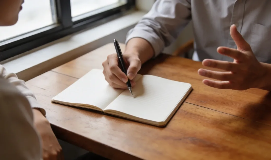 Une personne prend des notes à la main dans un carnet posé sur une table en bois