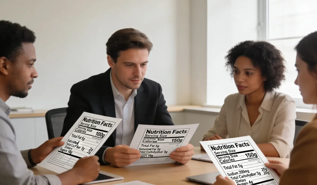 Quatre personnes comparent des tableaux de valeurs nutritionnelles imprimés autour d'une table