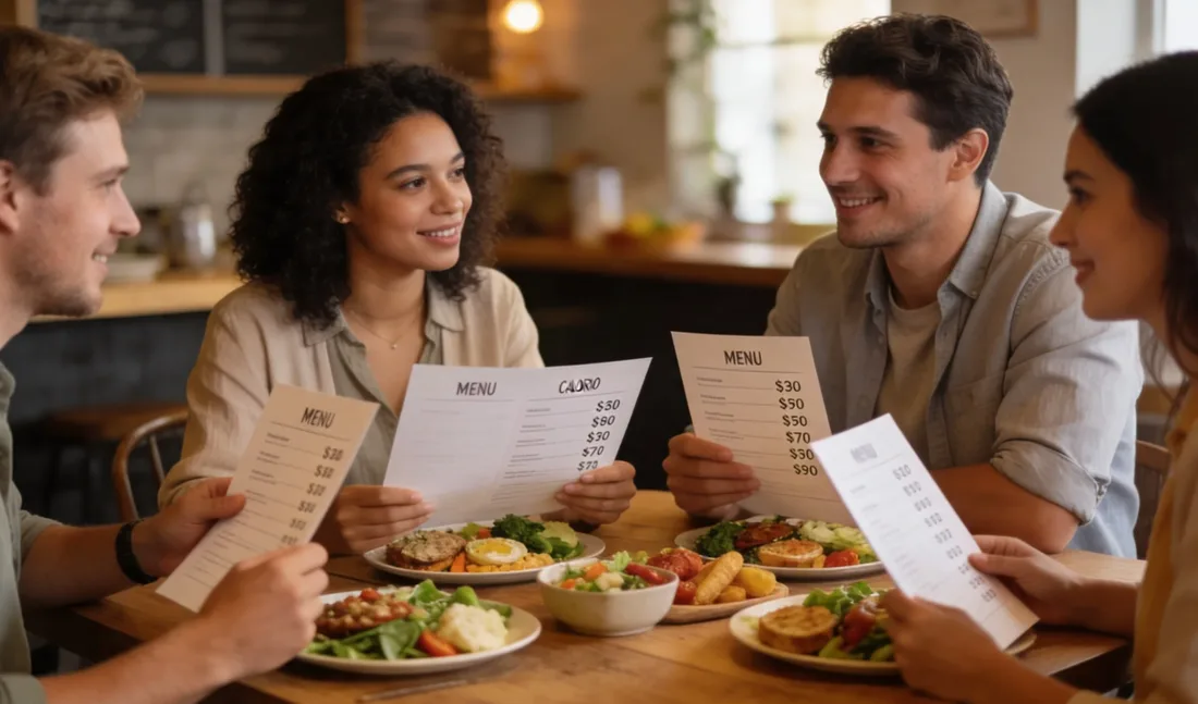 Des amis autour d'une table avec des assiettes de plats et des cartes