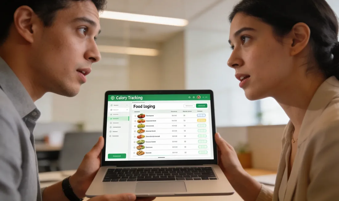 Deux personnes regardent un écran d'ordinateur portable affichant une liste d'aliments saisis